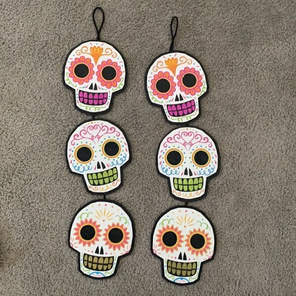 Halloween Decor Bundle - Sugar Skull Wall Hangers & Matching Table Cloth all NEW